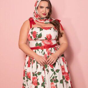 Vixen 1950's Swing Sundress and Scarf in Red Vintage Roses